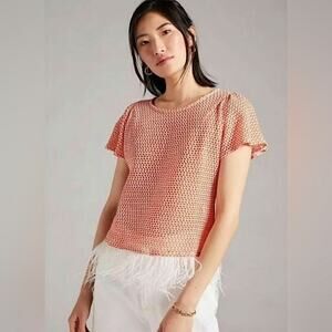 Anthropologie Eva Franco Feathered Hem Short Sleeve Sweater Top Orange White XS